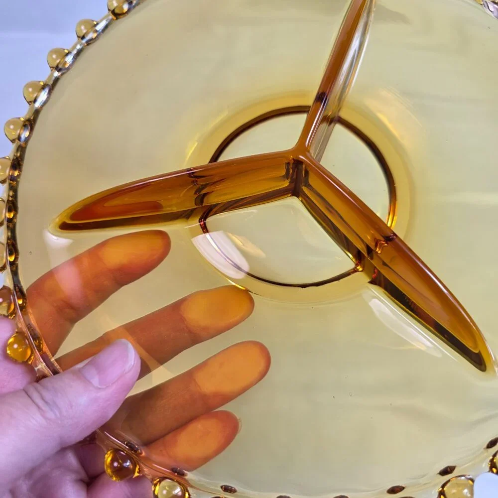 Vintage Amber Three Part Divided Relish Dish Platter Candlewick Style Edge
